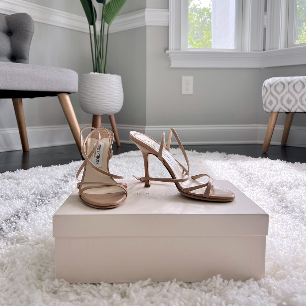 JIMMY CHOO Juliet 105 Tan Beige Leather Ankle Wrap Sandals 36 💕